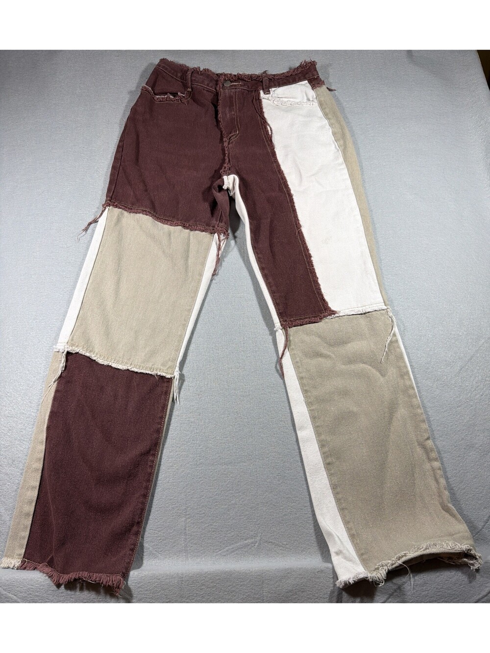 SHEIN High Waisted Patchwork Denim Jeans Womens L Burgundy, Beige, White 0149